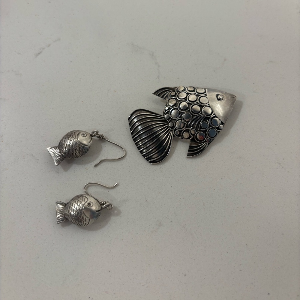 VINTAGE Artisan 925 Sterling Silver Fish Brooch & Earring Set. Made in Thailand